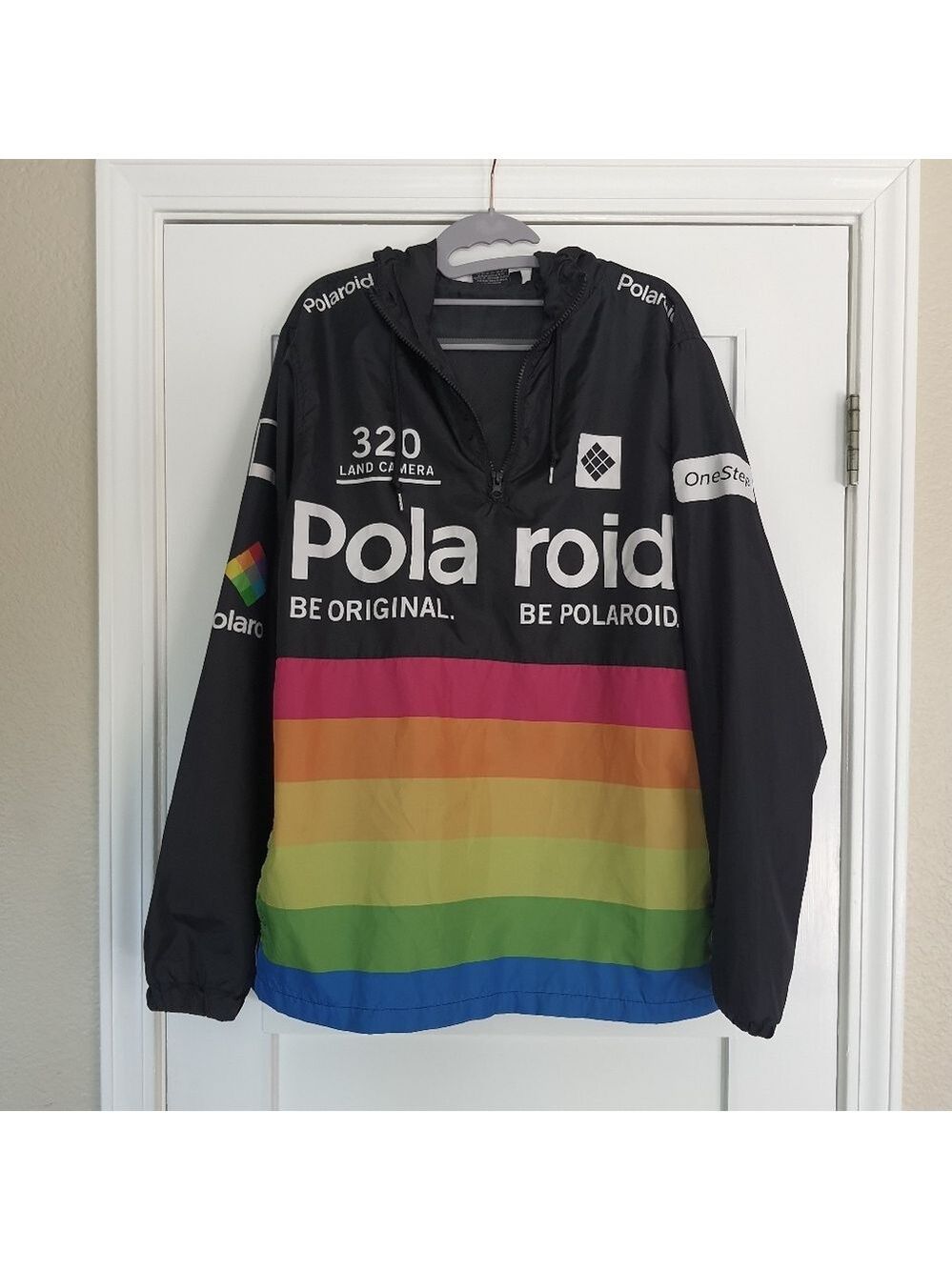 Polaroid Windbreaker Hoodie Black Multicolor Stripes Colorblock Retro Pullover
